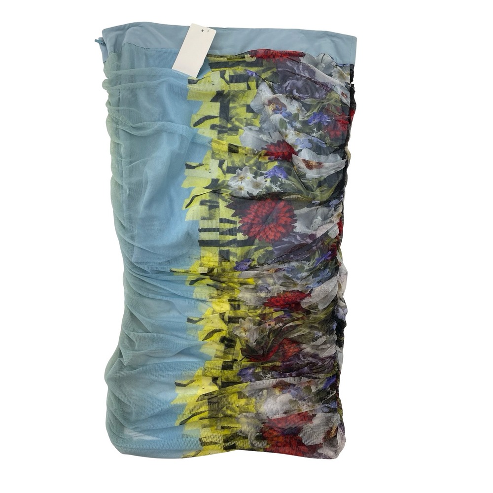 Versace Women Mini Skirt Ruched Mesh Floral Geometric Light Blue Italian Size 42